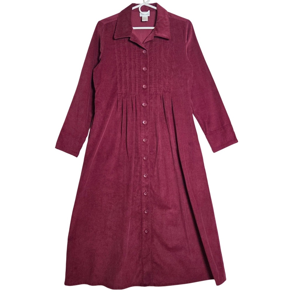 Vermont Country Store Button Front Dress Womens S Burgundy Corduroy Cottagecore